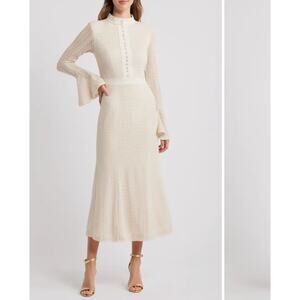 Women's Cream Long-Sleeve Midi Dress with Button Front